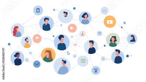 Diverse People Connecting and Sharing Content on Social Media Network, Digital Communication, Online Community Engagement Vector Illustration