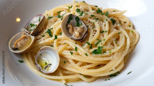 A pasta dish with clams, garlic, and olive oil, topped with fresh parsley,