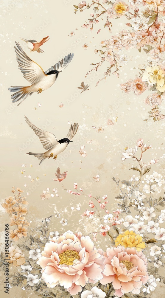 Obraz premium Delicate birds in flight amidst blooming flowers, gentle pastel background, floral design
