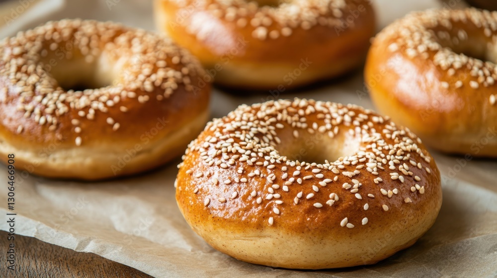 Freshly Baked Sesame Bagels on Rustic Wooden Surface, Golden Brown Crust, Warm and Inviting, Perfect for Breakfast or Snack Time Delight Freshly Baked Sesame Bagels on Rustic Wooden Surface, Golden Brown Crust, Warm and Inviting, Perfect for Breakfast or Snack Time Delight
