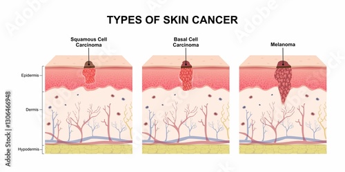 Types of Skin Cancer, Squamous Cell Carcinoma, Basal Cell Carcinoma, Melanoma Illustration