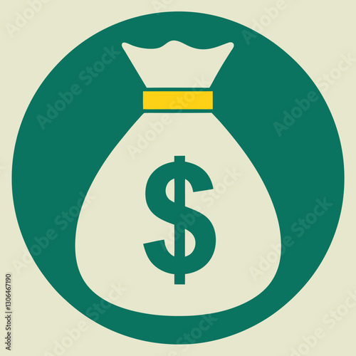 stylized money bag with dollar sign, green circular border, financial symbol
