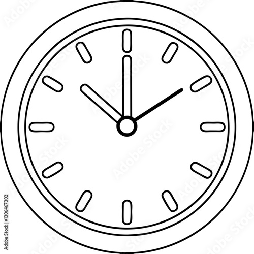 stylized clock, flat design, monochrome line art, hour and minute hands

