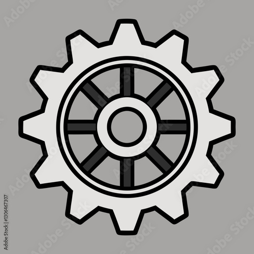 monochromatic gear icon, mechanical design, flat illustration, sharp teeth

