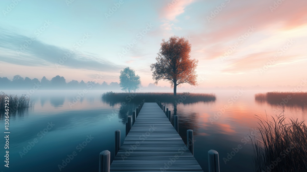 Fototapeta premium Scenic misty lake with wooden pier at dawn. Serenity and inspiration