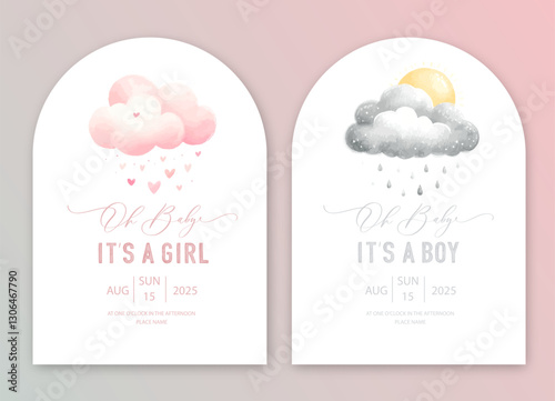 Cute baby shower watercolor invitation card for baby and kids new born celebration. Its a girl, Its a boy card with pink and grey clouds, sun and hearts.