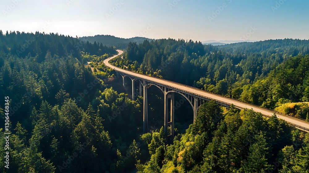 Aerial View of Winding Road Bridge Through a Forest Landscape Aerial View of Winding Road Bridge Through a Forest Landscape