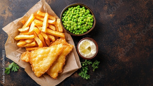 Australian Food Fish chips and mushy peas Dish top view on a dark brown background