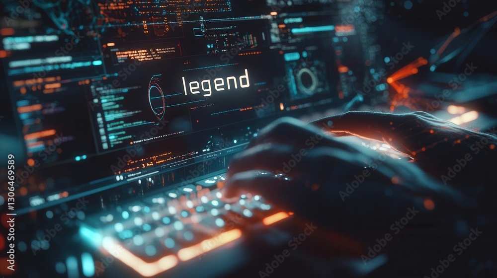 Cyberpunk Hands Typing on Futuristic Keyboard Legend on Screen Cyberpunk Hands Typing on Futuristic Keyboard Legend on Screen