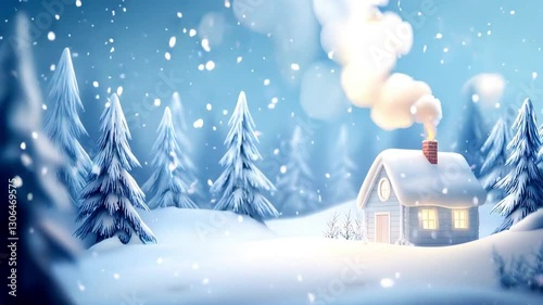 3D winter landscape with house ,smoke from the chimney