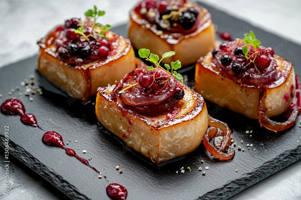 Foie gras with caramelized onions and berry sauce on a black slate tray Foie gras with caramelized onions and berry sauce on a black slate tray