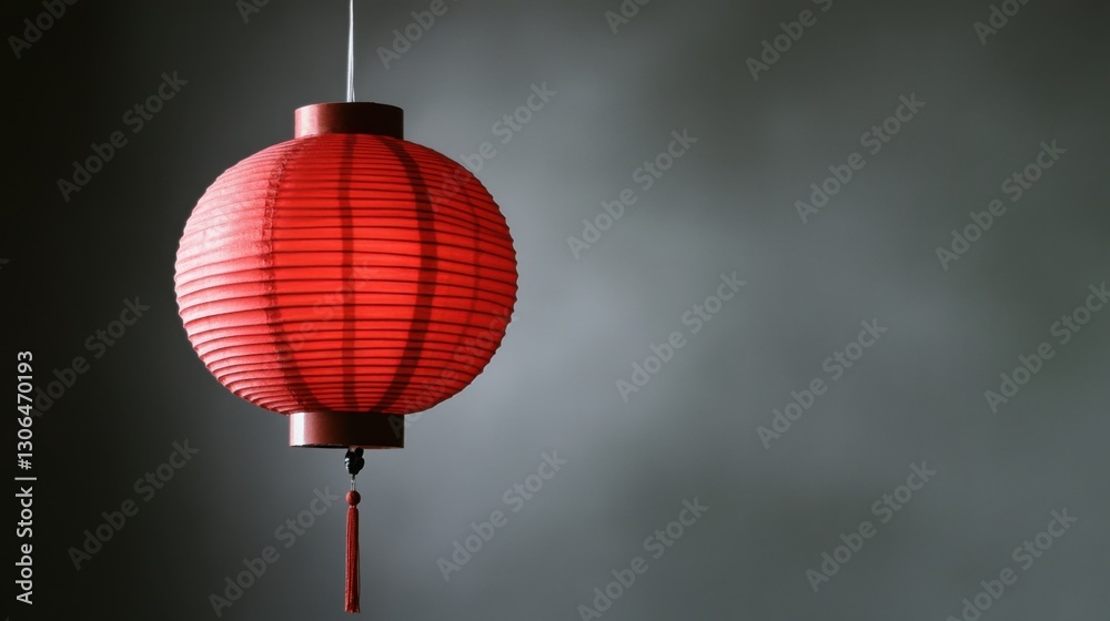Obraz premium Traditional Red Lantern Hanging in Front of a Simple Background Showcasing the Elegant Design and Cultural Significance of Asian Decorations