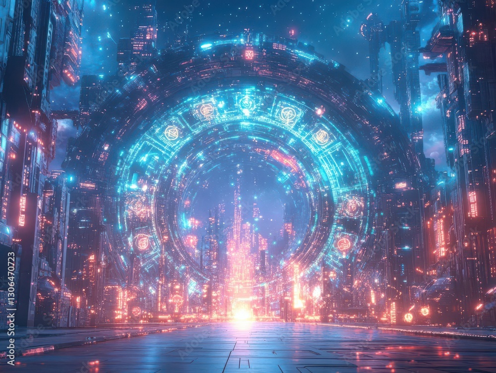 Obraz premium Imagine a breathtaking scene of a grand energy shield, shimmering with celestial symbols and intricate holographic patterns, defending an advanced civilization Sci-fi spectacle