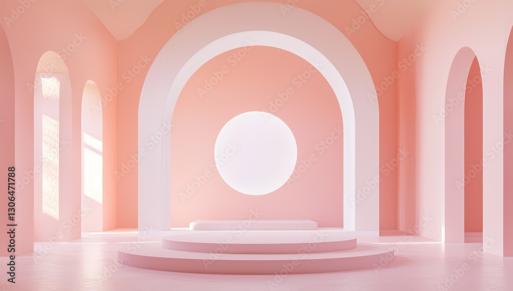 Pink minimalist room featuring a white archway and central circle. Pink minimalist room featuring a white archway and central circle.