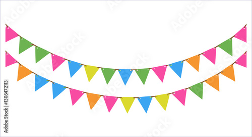 Colorful hanging party bunting flags garland vector illustration. Party celebration colorful bunting flags garland vector design. Festive hanging triangle flags decoration vector design 