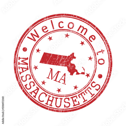 Welcome to Massachusetts. A worn stamp with a silhouette of the state and an abbreviated designation. Print impression, a template for creative design