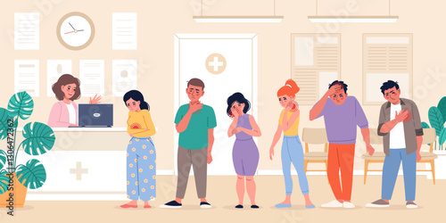 Sick people in queue. Sad characters with pain, patients at hospital reception, persons suffering from pain, doctor office, men and women cartoon flat isolated vector medical concept