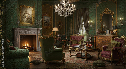Bilde på lerret Luxurious Emerald Green Living Room Interior with Antique Furniture and Fireplac