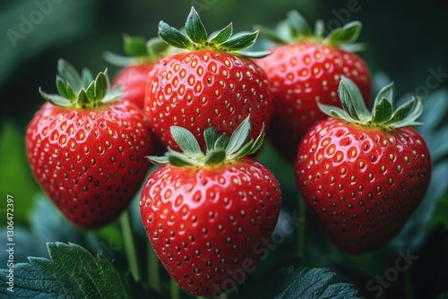 Fresh strawberries sit on a lush green plant, great for food and decoration photos