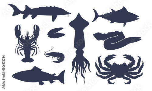 Set of sea animal silhouettes. Black isolated icons. Marine and oceanic food. Menu design. Lobster and oyster, mollusk. Fish and crab. Underwater salmon and shrimp, product vector seafood set