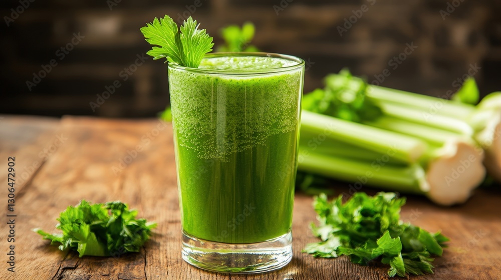 Refreshing green juice served in a glass with fresh celery on a wooden table. National Fresh Celery Month Refreshing green juice served in a glass with fresh celery on a wooden table. National Fresh Celery Month