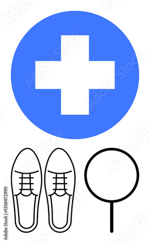 Blue medical cross representing health, outlined leather shoes symbolizing walking, circular sign for direction. Ideal for health, fitness, wellness, walking programs, medical advice, lifestyle