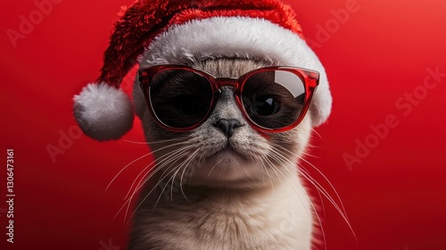 Adorable cat in santa hat and sunglasses on festive red background