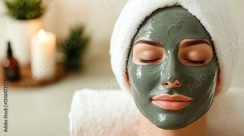 Professional esthetician applying a green facial mask to a client during a skincare treatment session in a calm spa environment