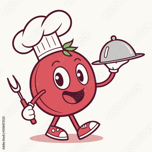 Red Tomato Chef Cartoon Mascot Logo – Cute Tomato Character Holding Fork and Knife in Chef Hat for Branding, Stickers, and T-Shirt Printing