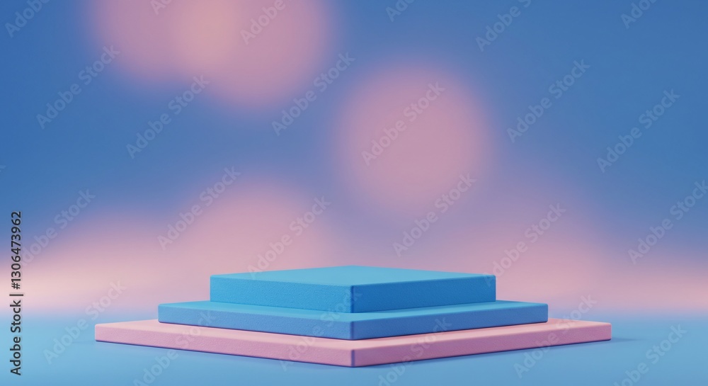 A pastel-toned, tiered platform in blue and pink, set against a dreamy blurred background, ideal for product displays, branding, or artistic presentations. A pastel-toned, tiered platform in blue and pink, set against a dreamy blurred background, ideal for product displays, branding, or artistic presentations.