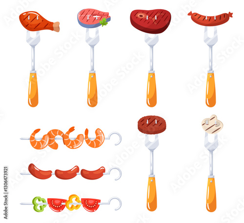 Set forks with barbecued foods. Grilled sausage, meat and fish steak, shrimp and vegetables. bbq cooking. Butcher supplies. Chicken and beef. Vector flat isolated grill product illustration
