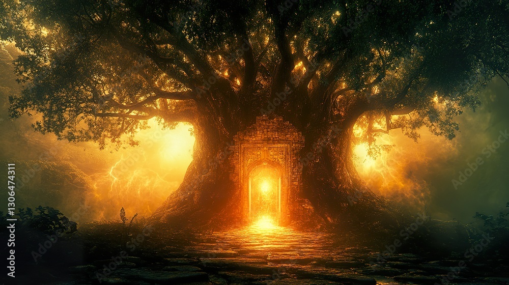 A large tree with a glowing door is in a forest A large tree with a glowing door is in a forest