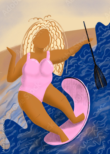 A girl SUP-board on the ocean water. Illustration with colored pencils. Playing sports.