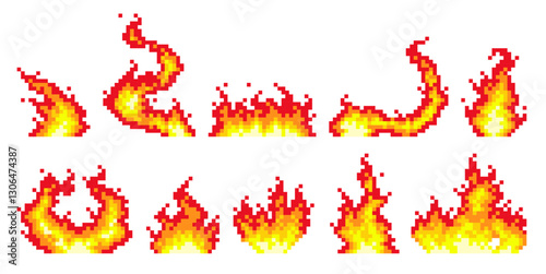 Pixel fire flames. 8 bit bonfire icons, retro arcade video games elements, burning effects, animation sprite frames, qualitative, orange red blaze objects, vector isolated set