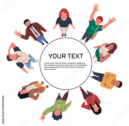People standing in circle top view. Happy women and men looking and pointing with finger. Surprised characters, frame with copy space. Cartoon flat isolated decorative vector concept
