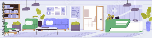 Interior of empty hospital hall with reception counter. Waiting room for patients of clinic, medical center. Medic department with cozy sofas, seats in lounge zone, area. Flat vector illustration