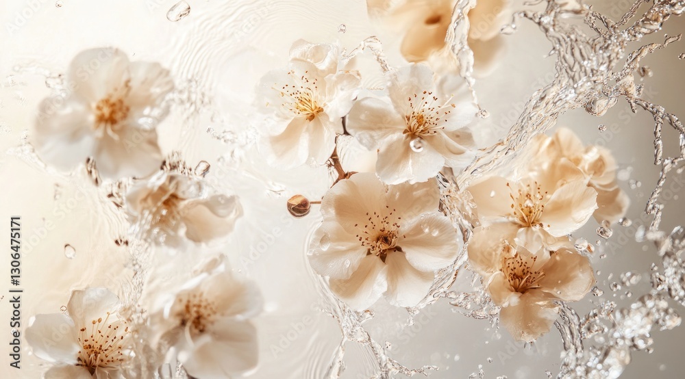 Delicate cream-colored flowers in water splashes.