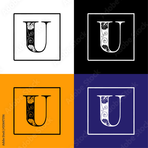 Latter U Design. Floral Typography. Vintage Typography. Monogram Design. Floral Monogram Typography. Vintage Decorative Alphabet. Luxury Alphabet Collection. Type Design. Intricate Letter Art Design