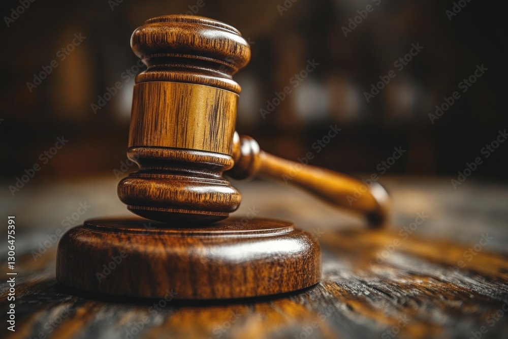 A wooden gavel sits on top of a wooden table, perfect for courtroom or office use A wooden gavel sits on top of a wooden table, perfect for courtroom or office use