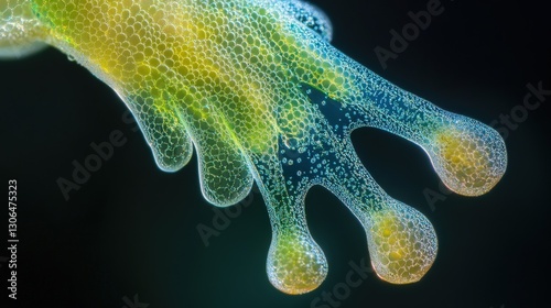 Capturing the intricate detail of a glass frog's hand in a lush rainforest environment during the early morning. National Frog Month