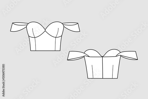 Female crop corselet vector template isolated on a transparent background. Front and back view. Outline fashion technical sketch of clothes model.	