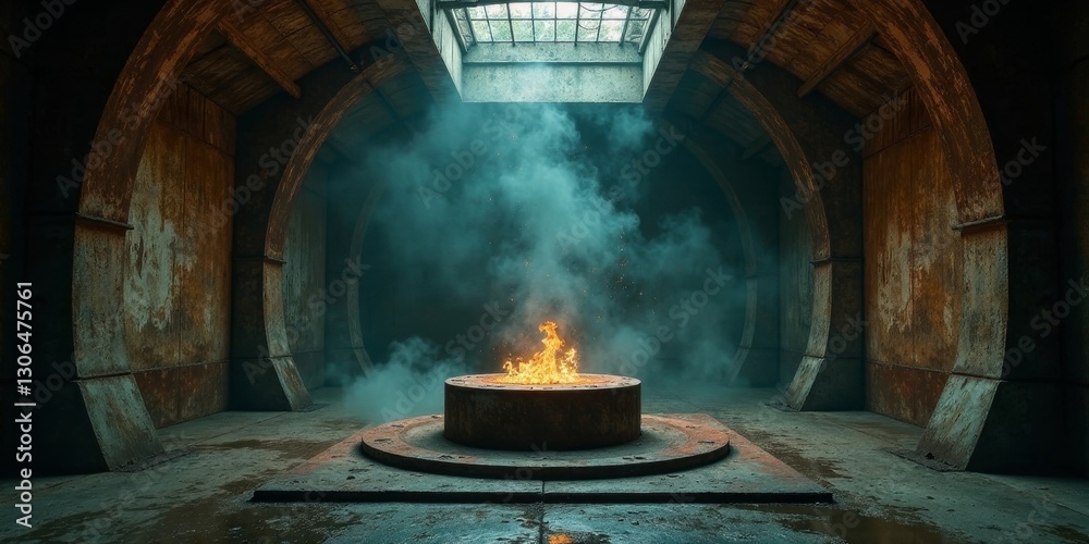 A Fiery Heart in a Weathered Chamber An Image of a Glowing Ember Within a Rusted, Circular Structure, Bathed in an Ethereal Haze A Fiery Heart in a Weathered Chamber An Image of a Glowing Ember Within a Rusted, Circular Structure, Bathed in an Ethereal Haze
