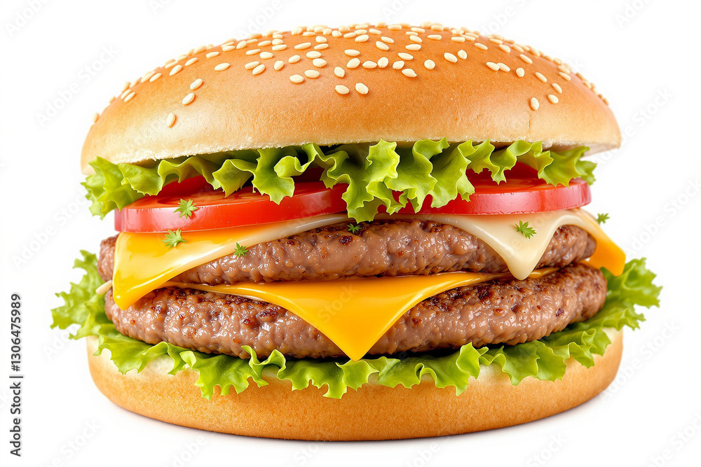Layers of deliciousness come together in this mouthwatering double cheeseburger, featuring fresh lettuce, vibrant tomatoes, and melted cheese, all nestled in a toasted sesame bun Layers of deliciousness come together in this mouthwatering double cheeseburger, featuring fresh lettuce, vibrant tomatoes, and melted cheese, all nestled in a toasted sesame bun