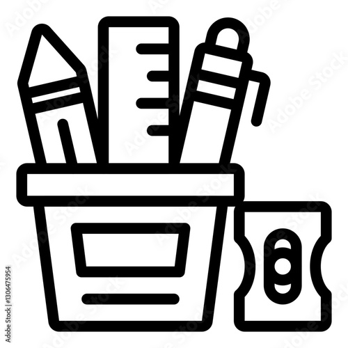 Line art illustration of stationery items in a cup. The set includes a pencil, pen, ruler, and pencil sharpener.  The style is simple and clean, with bold outlines and no shading.  The image is