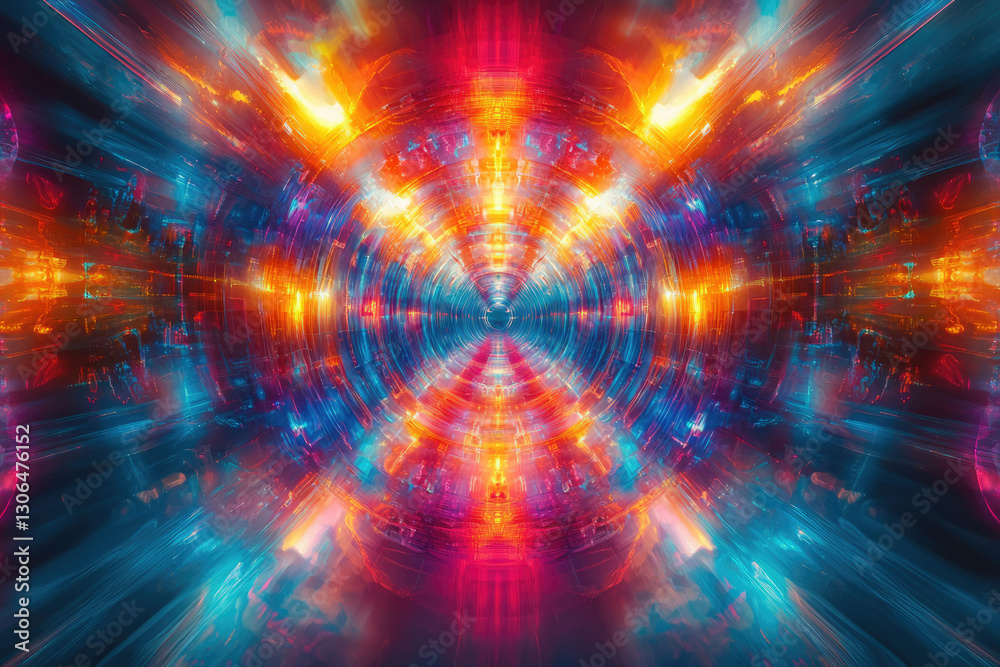 Abstract vibrant tunnel of swirling lights and colors, creating a psychedelic and symmetrical kaleidoscopic effect. Abstract vibrant tunnel of swirling lights and colors, creating a psychedelic and symmetrical kaleidoscopic effect.