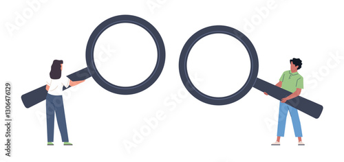 Man and woman with big magnifying glass. Tiny characters with huge optical tool in hand. Research and analysis symbol. Spy people. Searching cartoon flat style isolated vector concept