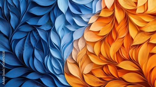 Wallpaper Mural Blue and orange leaves in textured layers, abstract floral design for background use Torontodigital.ca