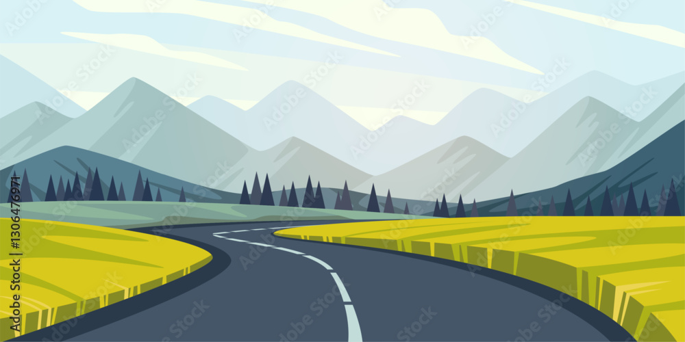 Fototapeta premium Landscape with road and mountains in background. Green lawn and mountains on background. Travel in auto. Summer scenery. Spring meadow. Cartoon flat isolated environment vector concept