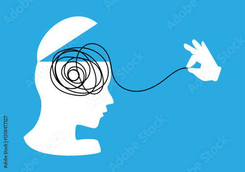 Hand untangling a tangle of thoughts in head,psychological help,mental health therapy concept