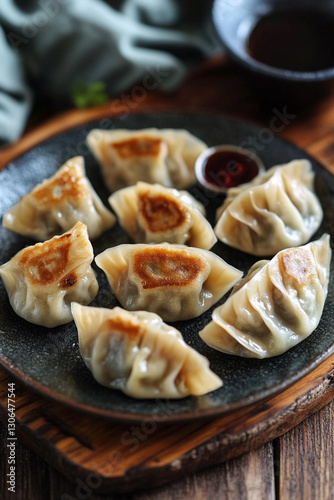 Traditional Chinese dumplings neatly arranged on a plate with soy sauce photo